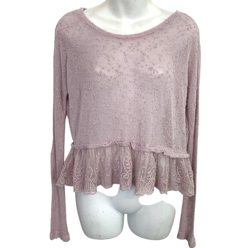 American Eagle Lavender Sheer Ruffle Oversized Embroidered Thin Sweater sz XS